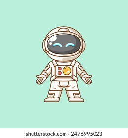 Cute astronaut welcome gesture kawaii chibi character mascot illustration outline style design set