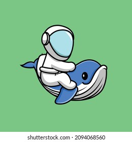 Cute Astronaut With Whale Cartoon Vector Icon Illustration. Animal Science Icon Concept Isolated Premium Vector. Flat Cartoon Style