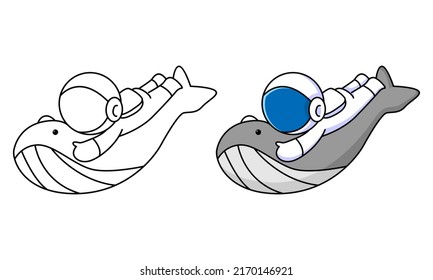 cute astronaut with whale coloring page for kids