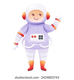 Cute astronaut in white spacesuit waves his hand. Vector character with gradient in cartoon style for kids. Illustration for Cosmonautics Day