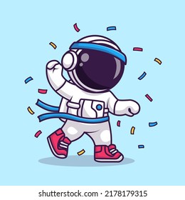 Cute Astronaut Win Running Race Cartoon Vector Icon Illustration Science Sport Icon Concept Isolated Premium Vector. Flat Cartoon Style