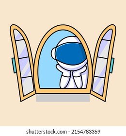 cute astronaut at window cartoon design