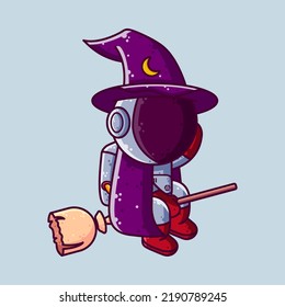 Cute Astronaut Witch Flying with Broom Halloween Cartoon Vector Illustration. Cartoon Style Icon or Mascot Character Vector.