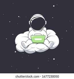 Cute Astronaut Work In Freelance On Cloud Or Playing The Game On Computer.Vector Illustration