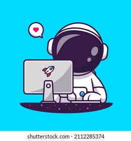 Cute Astronaut arbeitet mit Computer Cartoon Vektorsymbol Illustration. Science Technology Icon Konzept isolierter Premium-Vektorgrafik. Flachbildkartonstil