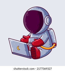 Cute Astronaut Working with Laptop Cartoon Vector Illustration. Cartoon Style Icon or Mascot Character Vector.
