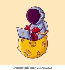 Cute Astronaut Working with Laptop on The Moon Cartoon Vector Illustration. Cartoon Style Icon or Mascot Character Vector.