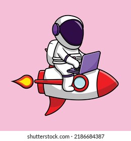 Cute Astronaut Working With Laptop On Rocket Cartoon Vector Icon Illustration. Science Technology Flat Cartoon Concept