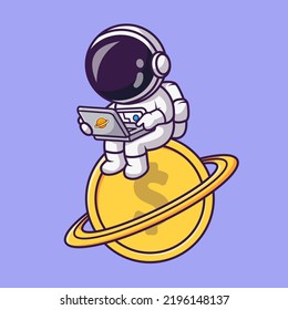 Cute Astronaut Working With Laptop On Gold Coin Planet Cartoon Vector Icon Illustration. Science Technology Icon Concept Isolated Premium Vector. Flat Cartoon Style