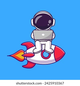 Netter Astronaut, der mit Laptop auf Rakete Cartoon arbeitet 
In: Vector Icon Illustration. Science Technology Icon Konzept 
Isolierter Premium-Vektor. Flacher Zeichentrickstil