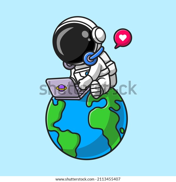 Cute Astronaut Working With\
Laptop On Earth Cartoon Vector\
Icon Illustration. Science\
Technology Icon Concept Isolated\
Premium Vector. Flat Cartoon\
Style