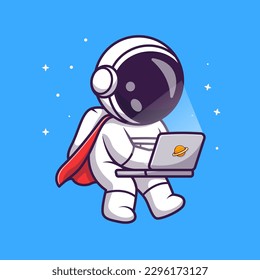 Cute Astronaut arbeitet mit Laptop in Space Cartoon Vektorsymbol Illustration. Science Technology Icon Concept IsolatedPremium Vector. Flachbildkartonstil