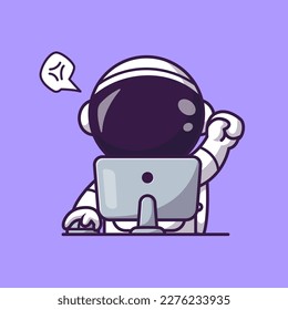 Cute Astronaut Working on Computer Cartoon Vector Icon Illustration. Science Technology Icon Concept Isolated Premium Vector. Flat Cartoon Style