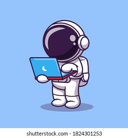 Cute Astronaut Working On Laptop Cartoon Vector Icon Illustration. Science Technology Icon Concept Isolated Premium Vector. Flat Cartoon Style