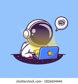 Cute Astronaut Working On Laptop Cartoon Vector Icon Illustration. Science Technology Icon Concept Isolated Premium Vector. Flat Cartoon Style