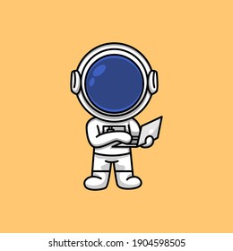 Cute astronaut working on laptop cartoon illustration