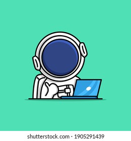 Cute astronaut working on laptop cartoon illustration