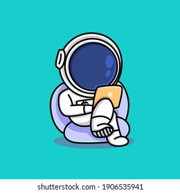 Cute astronaut working on laptop cartoon illustration