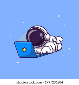 Cute Astronaut arbeitet auf Laptop Cartoon Vektorsymbol Illustration. Science Technology Icon Konzept isolierter Premium-Vektorgrafik. Flachbildkartonstil