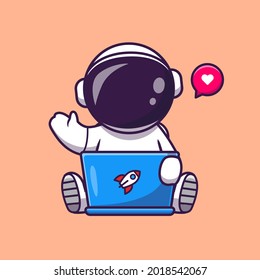 Cute Astronaut arbeitet auf Laptop Cartoon Vektorsymbol Illustration. Science Technology Icon Konzept isolierter Premium-Vektorgrafik. Flachbildkartonstil