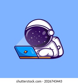 Cute Astronaut arbeitet auf Laptop Cartoon Vektorsymbol Illustration. Science Technology Icon Konzept isolierter Premium-Vektorgrafik. Flachbildkartonstil