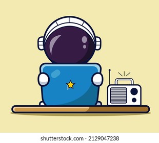 cute astronaut working on laptop cartoon vector icon illustration while listening to the radio