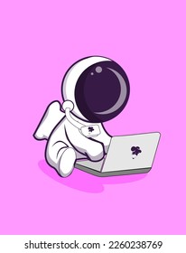 Cute Astronaut Working On Laptop In Space Cartoon Vector Icon Illustration. Science Technology Icon Concept Isolated Premium Vector. Flat Cartoon Style