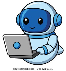 Cute Astronaut Working On Laptop Cartoon Vector Kawaii Icon. Science Technology Illustration