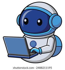 Cute Astronaut Working On Laptop Cartoon Vector Kawaii Icon. Science Technology Illustration