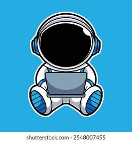 Astronauta bonito trabalhando na ilustração de desenhos animados de laptop