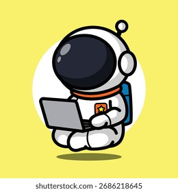 Astronauta lindo que trabaja en la ilustración del ordenador portátil para el carácter de la historieta del espacio, concepto de la Tecnología, y diseño digital del trabajo