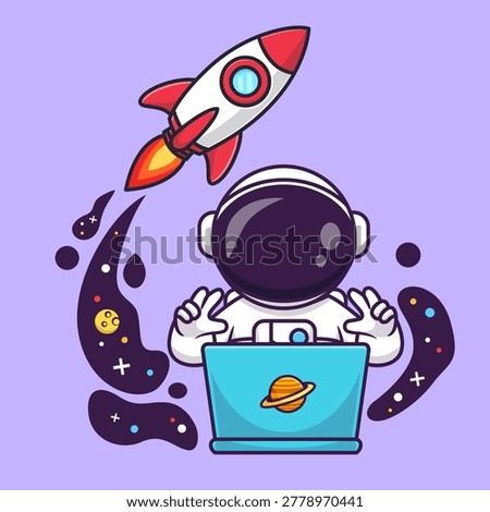 Cute Astronaut Working On Laptop With Rocket In Space Cartoon Vector Icon Illustration. Science Technology Icon Concept Isolated Premium Vector. Flat Cartoon Style