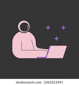 Cute An astronaut works online at a computer against a background of stars. Flat vector illustration.