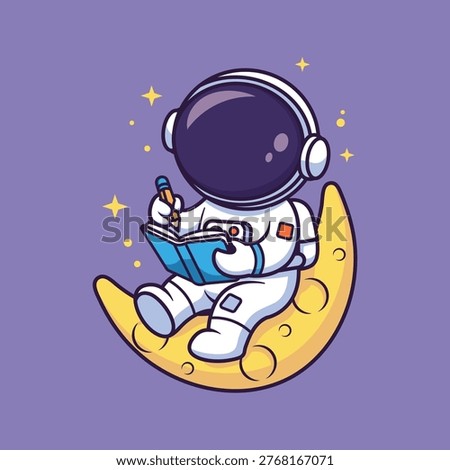 Cute Astronaut Writing on Crescent Moon Vector Illustration