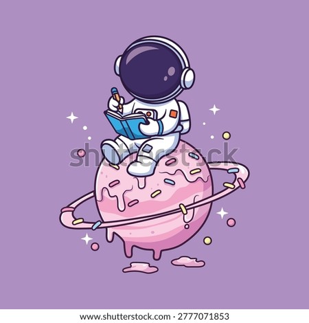 Cute Astronaut Writing on Donut Planet Concept Vector Illustration