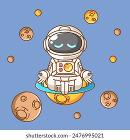 Cute astronaut yoga meditation kawaii chibi character mascot illustration outline style set