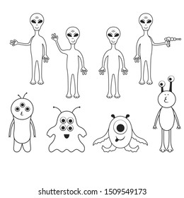 Cute astronauts, aliens and cartoon monsters  set. Space creatures and spaceman. Futuristic line stickers for kids.