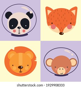 cute astronauts animals heads set