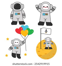 Cute astronauts cartoon characters in different poses set with kawaii style. Space element set. Suitable for flat design graphic illustration, clip art, stickers, posters, stickers, cards, etc 