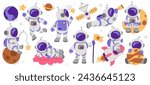 Cute astronauts cartoon characters wearing spacesuit and helmet in different poses set. Cosmonaut floating in space, resting on planet or meteor, lying on cloud, flying on rocket vector illustration