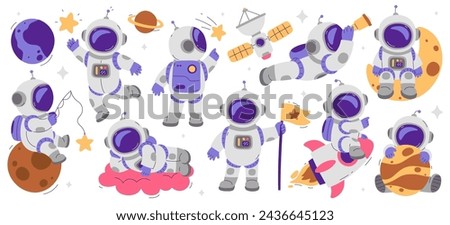 Cute astronauts cartoon characters wearing spacesuit and helmet in different poses set. Cosmonaut floating in space, resting on planet or meteor, lying on cloud, flying on rocket vector illustration