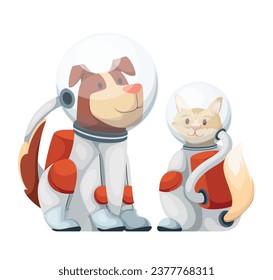 Cute astronauts dog and cat vector illustration. Cartoon isolated funny baby space animal characters sitting, happy kitty and doggy in helmets and suits for travel in cosmos, astronauts pet friends