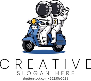 Cute astronauts enjoy a scooter ride. Perfect for kids, travel, and fun themes. Vintage Retro Space