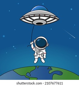 Cute astronauts fly into the sky on a UFO illustration