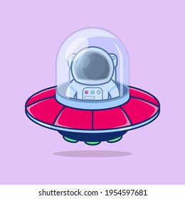 Cute astronauts flying on ufo cartoon