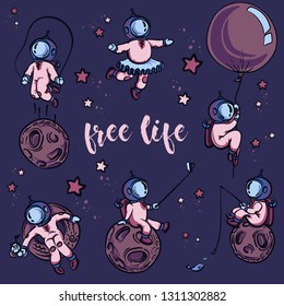 Cute astronauts have a hobby. Cartoon illustration set