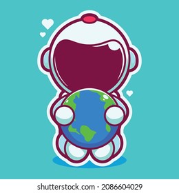 cute astronauts hugging earth art cartoon wallpaper design