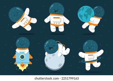 Cute astronauts with kawaii emotions vector cartoon characters set.