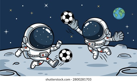 Cute Astronauts Playing Soccer on the Moon Vector Illustration