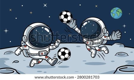 Cute Astronauts Playing Soccer on the Moon Vector Illustration